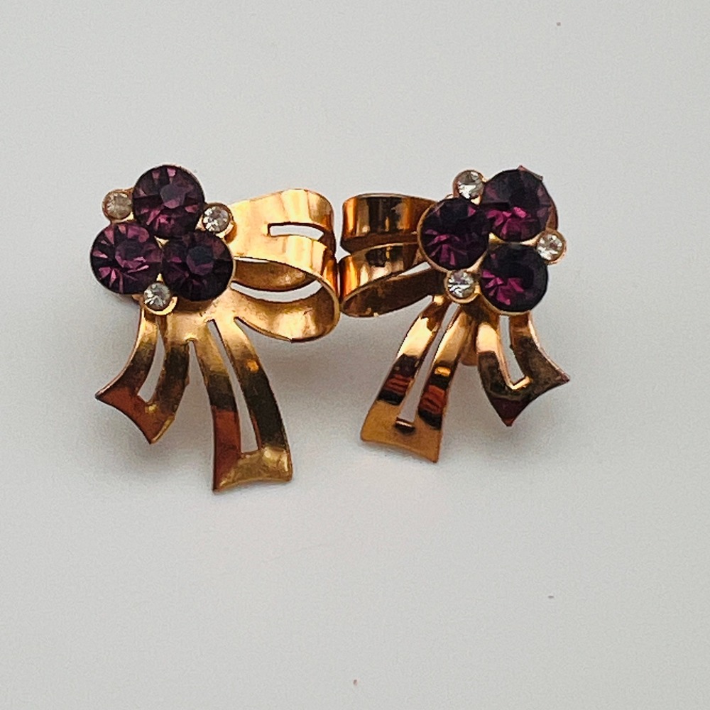 Vintage Coro Purple Rhinestone Earrings Bow Gold Tone Screw Back Retro Statement